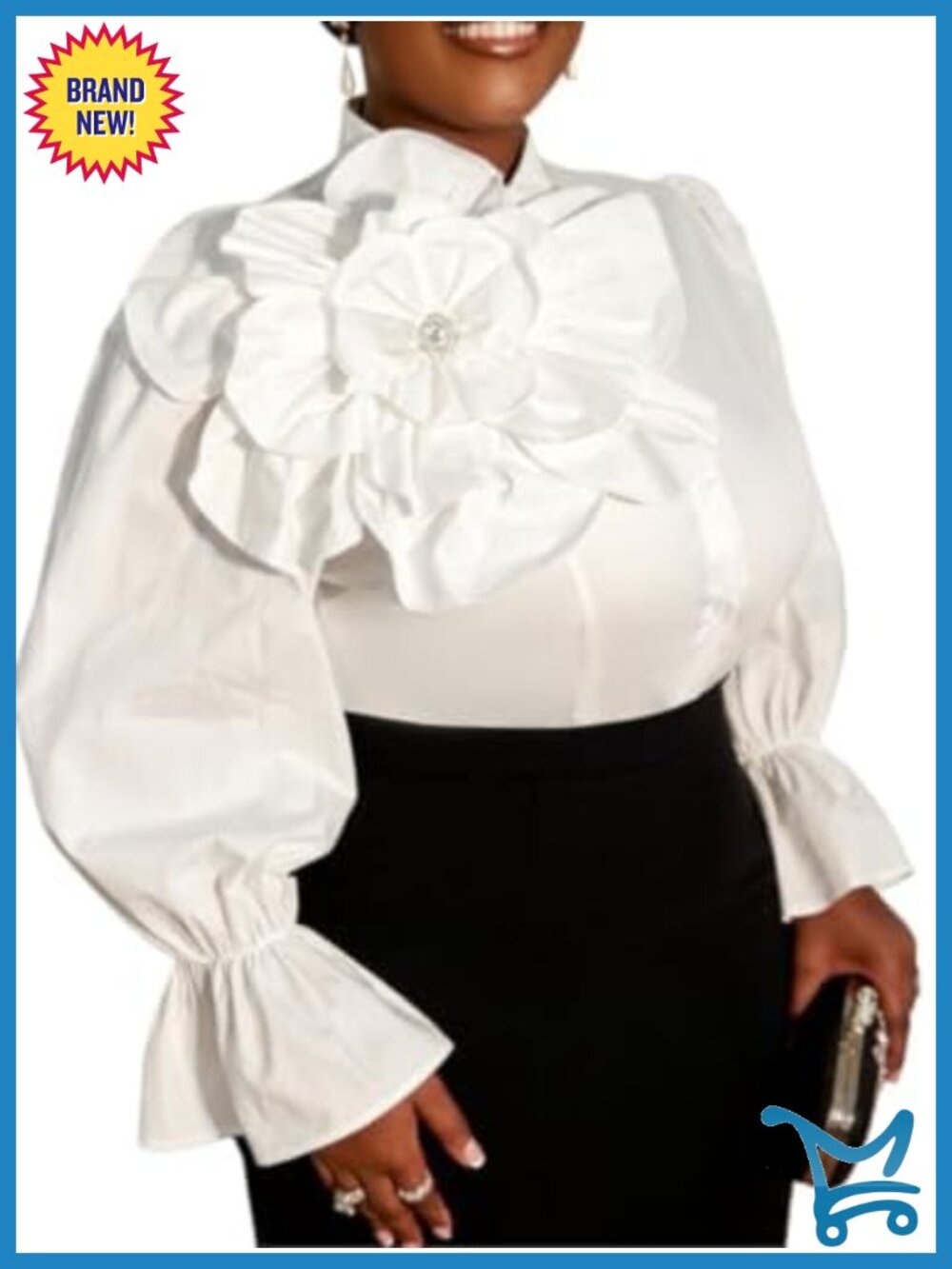 Plus Size Cotton Button Down Shirt 3D Flower Puff Sleeve Office Blouse